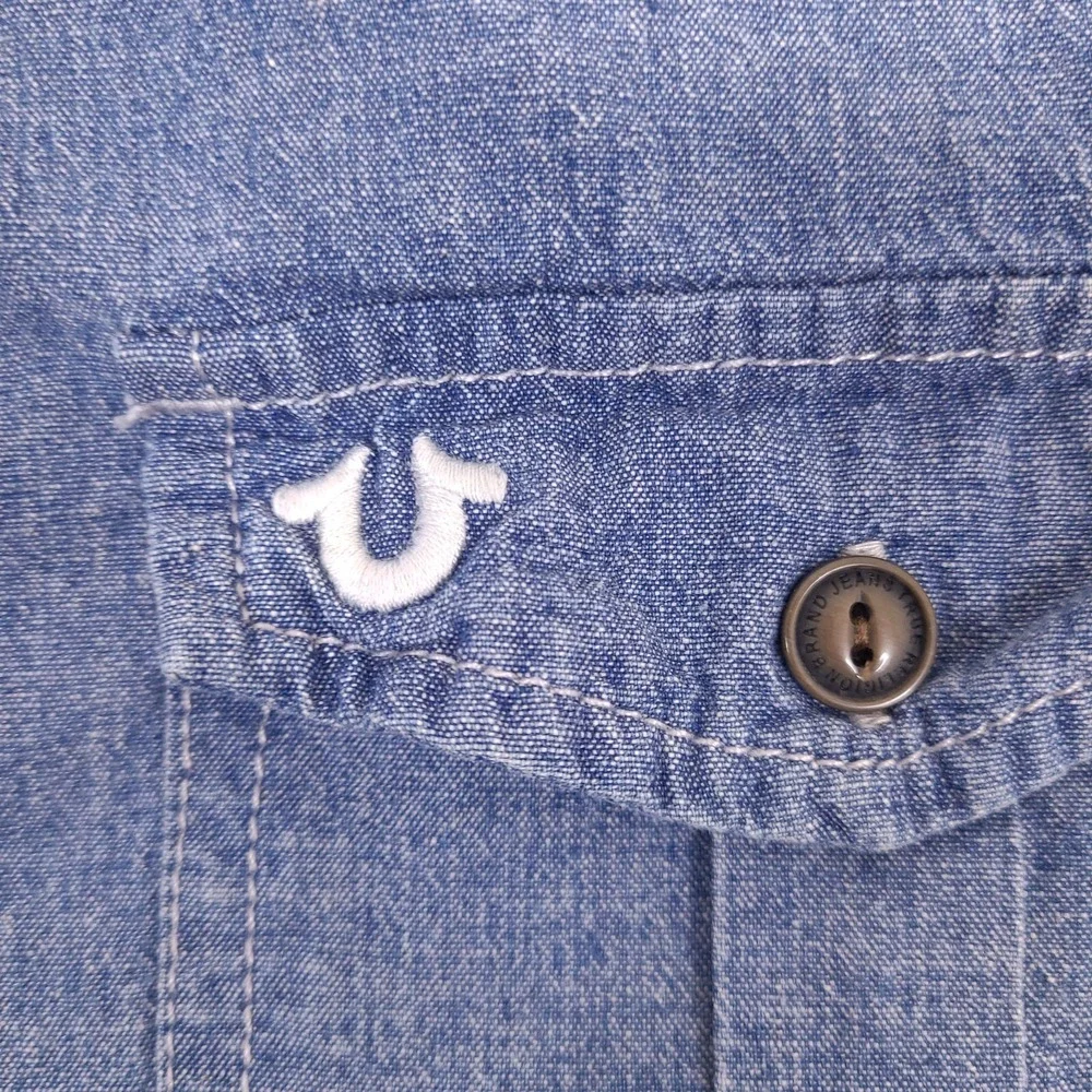 True Religion Shirt‎ Mens Large Blue Denim Chambray Short Sleeve Button Utility